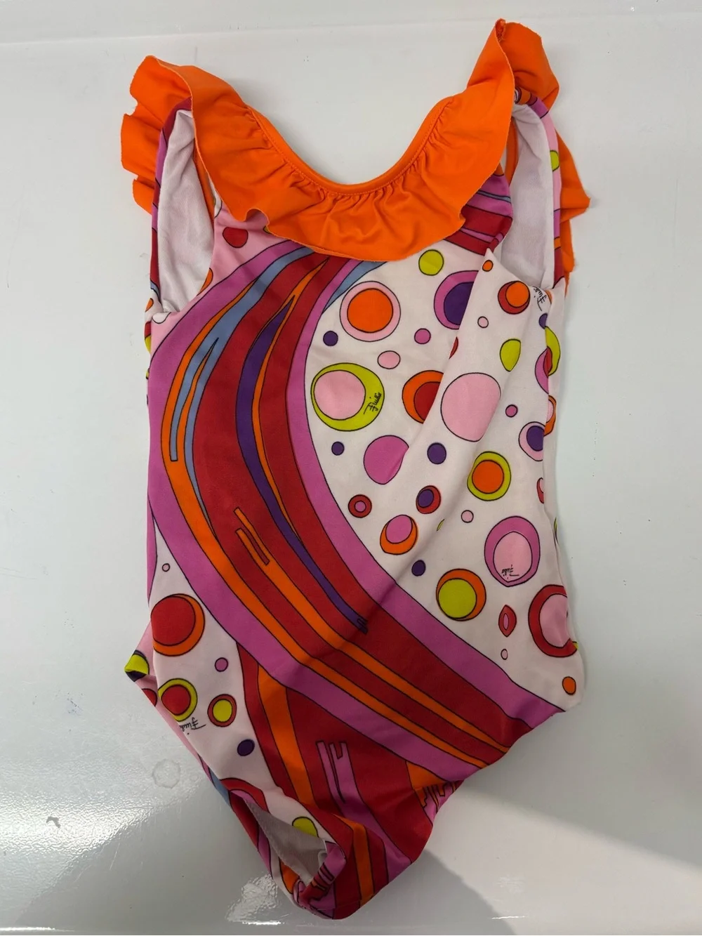 Emilio Pucci Orange Pink Multi-Print Ruffle One-Piece Swimsuit